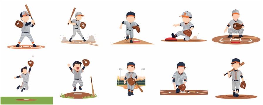 Set of Little League Baseball Player Character Illustrations with Various Poses and Actions