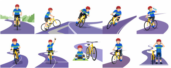 Naklejka premium Set of flat vector illustrations of a male cyclist riding a bicycle on the road in various poses and actions