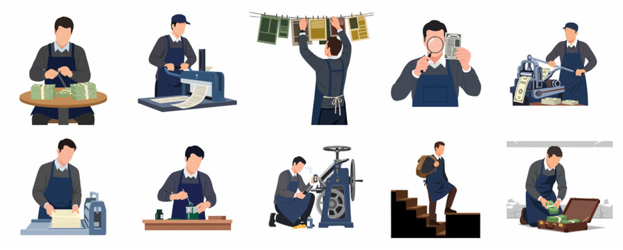 Counterfeiting Money and Forgery Process Illustration Set, Vintage Printing Press and Illegal Cash Production