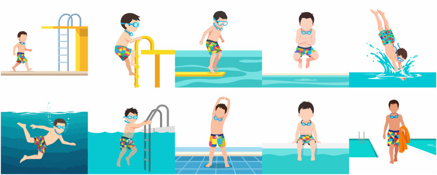Set of vector illustrations of a little boy swimming and diving in a pool