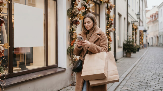 Woman using mobile phone near a blank window display mockup outdoors