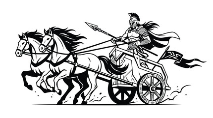 Fototapeta premium Illustration of a medieval warrior riding a chariot pulled by two horses with flowing manes and tail in a dynamic scene
