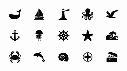 Obraz premium Various marine life and nautical icons featuring whales ships lighthouse and sea creatures.
