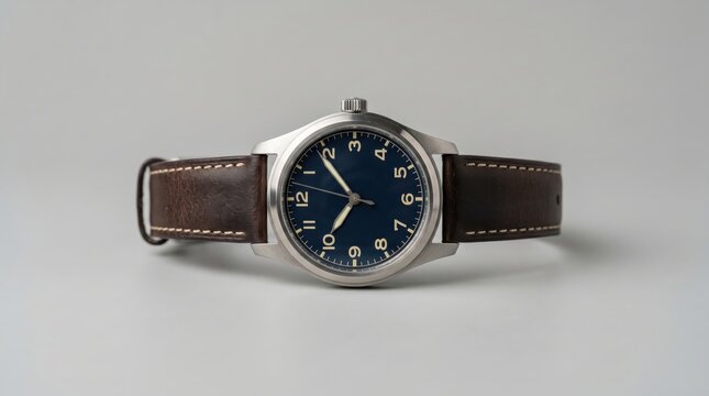 Wristwatch featuring a dark blue face with numeric markers and a brown leather band highlights a sophisticated accessory for daily wear.