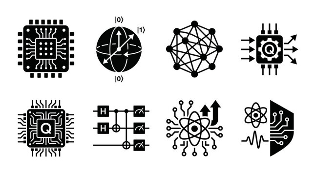 Quantum computing and scientific technology icons set vector illustration, futuristic processor, qubit symbol, complex network, data processing, algorithm, supercomputing, and laboratory research conc