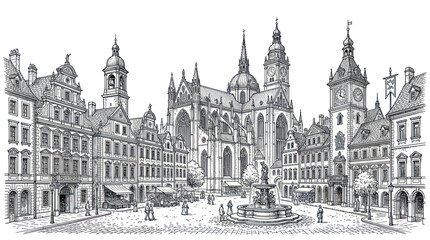 Historic European City Square with Cathedral and Old Buildings, Black and White Sketch © Grid