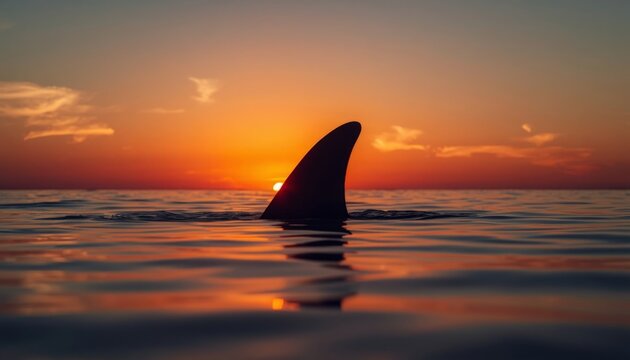 There is a shark fin sticking out of the water as the sun sets