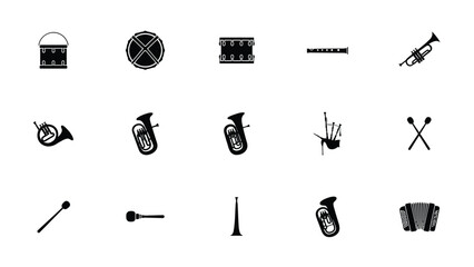 Collection of black musical instrument vector icons designed for symphony orchestra style. © Sourav Bairagi