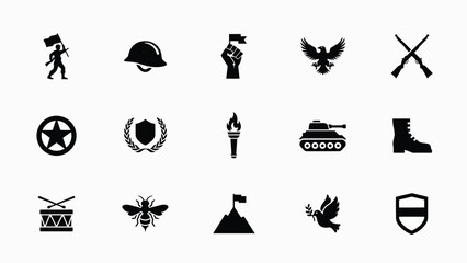 Obraz premium Set of war and conflict icons including military vehicles soldiers and tactical gear.
