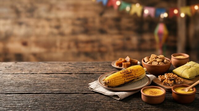 Festa Junina traditional food spread with corn and sweets on rustic wooden table