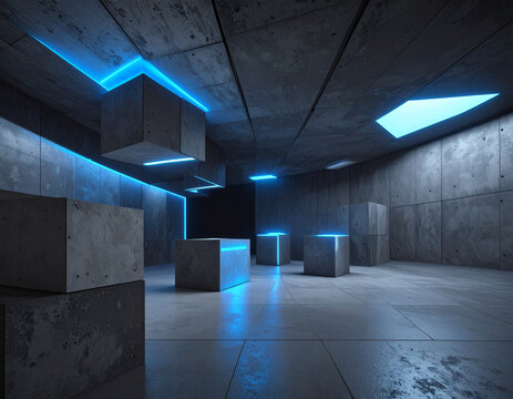 3D abstract brutalist structure with blue neons