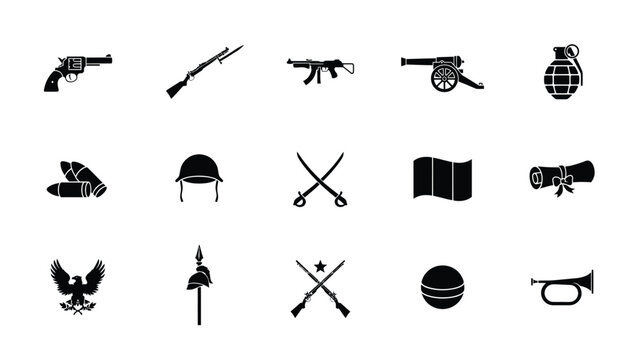 Set of combat equipment and weaponry icons featuring firearms explosives and soldier gear.