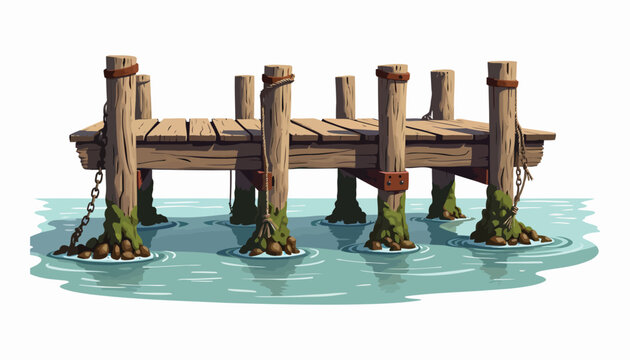 Weathered Old Wooden Harbor Dock Low Tide Algae Barnacles Flat Vector