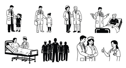 Obraz premium Medical Professionals And Patients In Black And White Silhouette doctor physician nurse