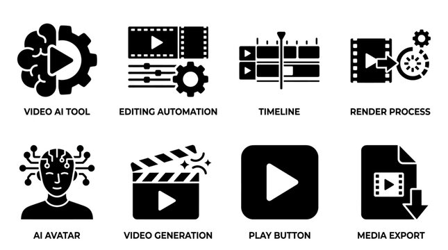 AI video production icons set vector illustration, editing automation, timeline, render process, media export, play button, video generation, and artificial intelligence avatar design concepts vector