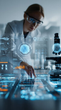Female scientist in modern laboratory interacts with futuristic digital interface displaying brain scans and data analytics. Advanced technology and innovation drive scientific research