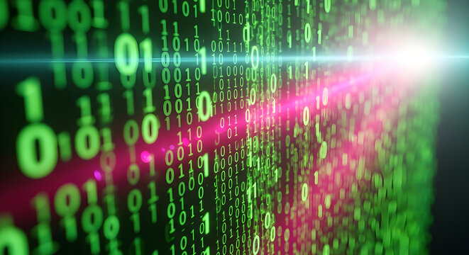 Dynamic Digital Data Flow Binary Code Wall with Vibrant Light Flare