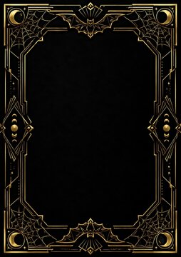 Gothic Halloween Frame with Golden Bats and Spiderwebs on Black Background, Luxury Art Deco Vampire Border Ornament