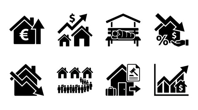 Real estate market icons set vector illustration, housing price trends, mortgage rates, property decline, foreclosure, homelessness, investment growth, and economic housing crisis symbols Vector