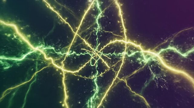 Dynamic abstract energy flow with vibrant green and yellow lightning bolts. Glowing particles illuminate the dark background.