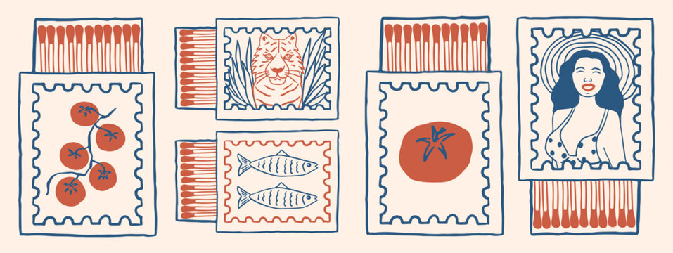 Set of hand drawn retro matchbox elements with various illustrations,  tomato, tiger, fish, and a woman in a hat. Vintage mediterranean style design.