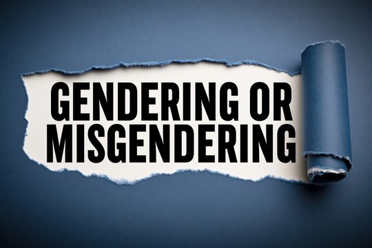 Gendering or misgendering text appearing behind torn dark blue paper