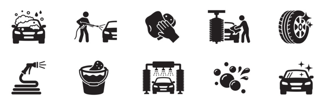 Car wash icon set. Vehicle cleaning, automatic brush, sponge foam and pressure washer symbols. Vector illustration.