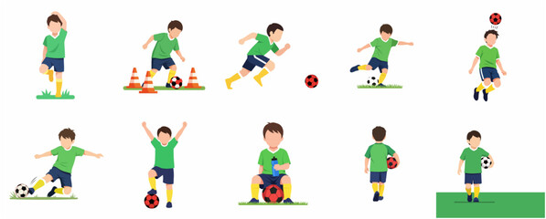 Fototapeta premium Set of young boy soccer player characters in various actions and poses, including kicking, dribbling, training, and celebrating. Flat vector illustration isolated on white background.