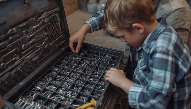 A little boy looks into a toolbox next to his father, who is repairing something.