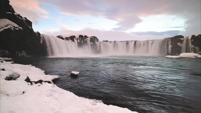 Aerial View of Frozen Godafoss Waterfall with Ice andSnow