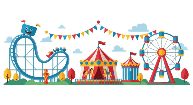 Colorful cartoon amusement park with roller coaster, Ferris wheel, and tent at sunset