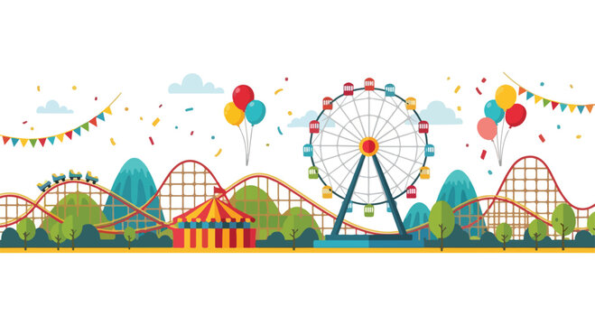 Colorful amusement park scene with Ferris wheel, roller coasters, and balloons