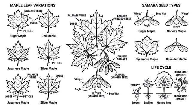 Maple Leaf Anatomy, Samara Seed Types and Life Cycle Illustration