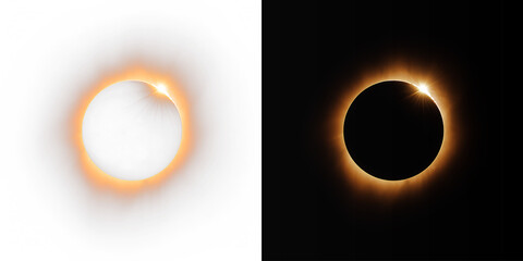 Total solar eclipse with diamond ring effect on white and black background © Olena