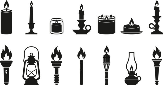 Historical Fire Flame and Light Source Silhouette Icon Set with Ancient Torches Kerosene Lanterns Matchsticks and Aromatherapy Wax Candles for Emergency Survival Concepts