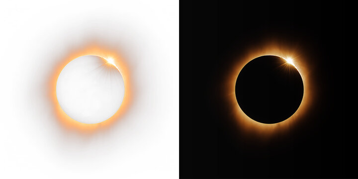 Total solar eclipse with diamond ring effect on white and black background