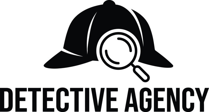 Black detective hat silhouette under magnifying glass with bold text private-investigation noir-aesthetic corporate-branding mystery-solution detective-services