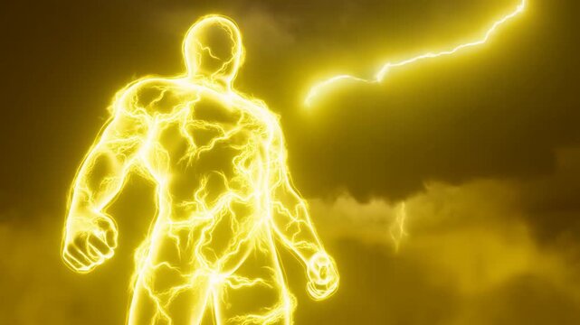 Tracking dolly slow push shot of glowing electric humanoid figure absorbing lightning in stormy sky with dark clouds and thunder
