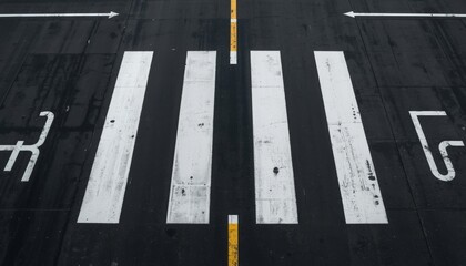Fototapeta premium An aerial view of an airport runway with white markings and a yellow line