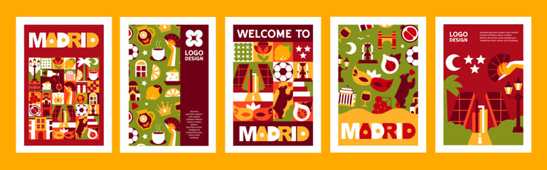 Fototapeta premium Creative Mosaic Geometric Madrid Poster set with Spanish Culture, Abstract Templates