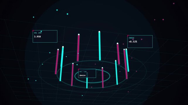 Digital cryptocurrency market data visualization showing Bitcoin price and positive financial index growth on a dark background