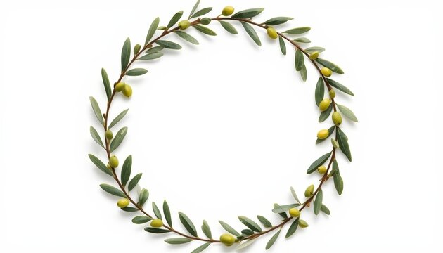 An overhead view of a wreath of olives and leaves on a white background