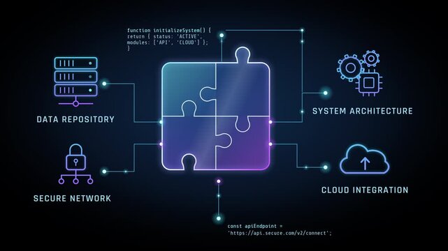 Animation of a glowing puzzle forming system integration concept with network icons and code on a deep black background