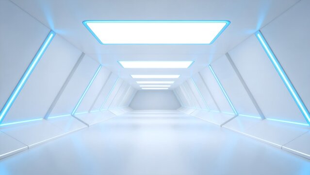 Futuristic white corridor with blue lights