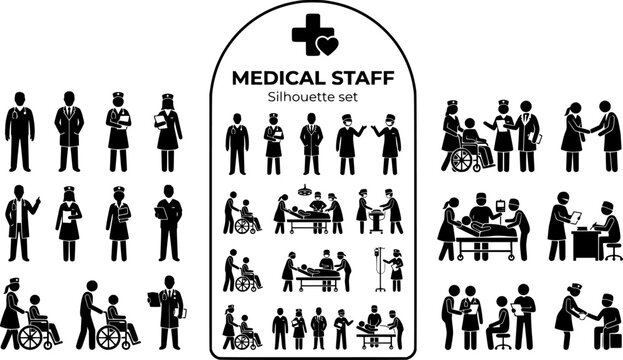 Doctor Nurse Medical Staff Silhouette Set Black White Healthcare Bundle Vector Illustration Isolated White Background