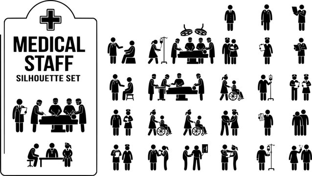 Doctor Nurse Medical Staff Silhouette Set Black White Healthcare Bundle Vector Illustration Isolated White Background