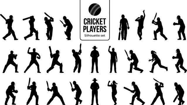 Cricket Player Silhouette Set Black White Sport Bundle Vector Illustration Isolated White Background