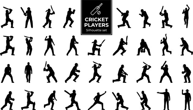 Cricket Player Silhouette Set Black White Sport Bundle Vector Illustration Isolated White Background