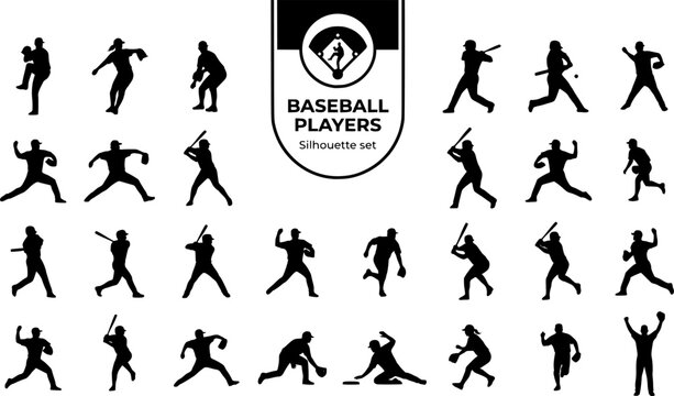 Baseball Player Silhouette Set Black White Sport Bundle Vector Illustration Isolated White Background