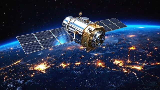 Artificial satellite orbiting above planet earth with city lights glowing in the dark night space